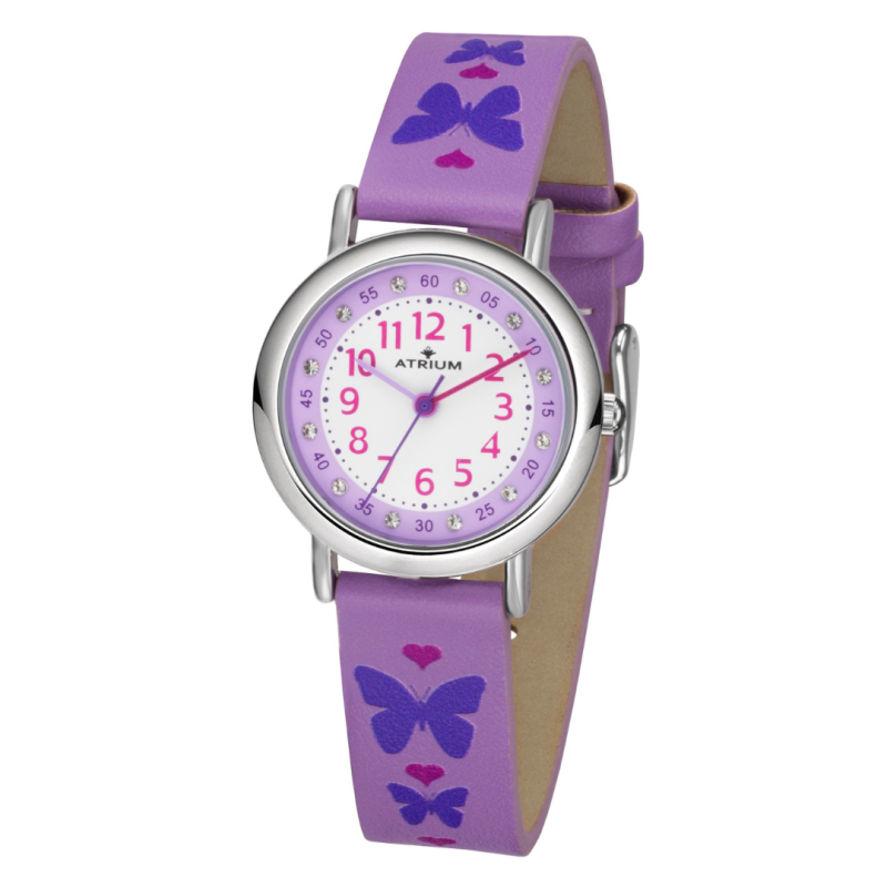 Atrium Uhr - Kinder - Mädchen - Lila - Kristallsteine - Analog - 3 Bar - Schmetterlinge - Lernzifferblatt - A47-18