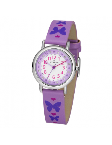 Atrium Watch - Children - Girls - Purple - Analogue - 3 Bar - Butterflies - Glitter - Learn Dial - A47-12