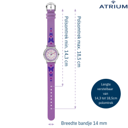 Atrium Children's Watch - Girls - Purple - Crystal Stones - Analogue - 3 bar - Butterflies - Leather Dial