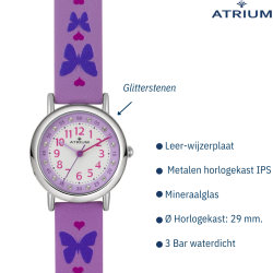 Atrium Kinderhorloge - Meisjes - Paars - Kristallen - Analoog - 3 bar - Vlinders - Leercijferblad