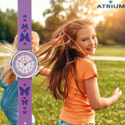Atrium Kinderhorloge - Meisjes - Paars - Kristallen - Analoog - 3 bar - Vlinders - Leercijferblad