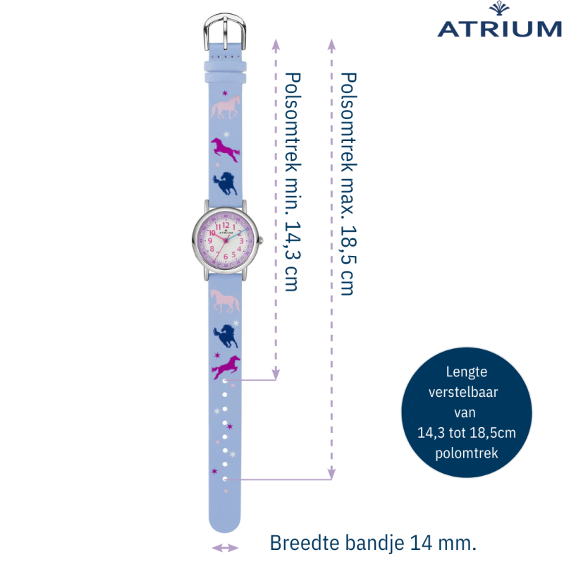 Atrium Horloge - Kinderen - Meisjes - Lila - Kristal Steentjes - Analoog - 3 bar - Paarden - Leercijferblad - A47-12