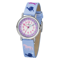Atrium Horloge - Kinderen - Meisjes - Lila - Kristal Steentjes - Analoog - 3 bar - Paarden - Leercijferblad - A47-12