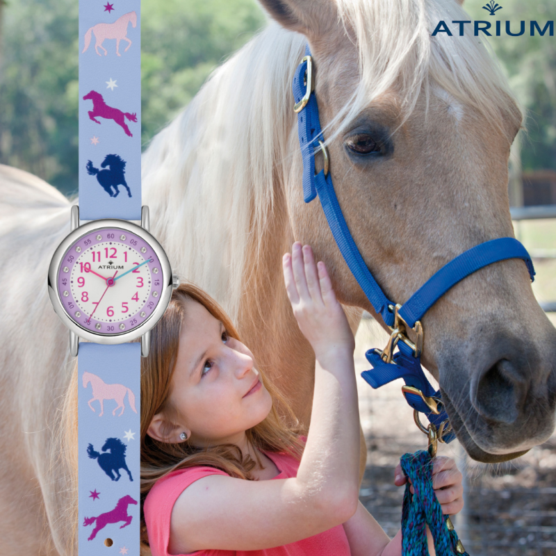 Atrium Watch - Children - Girls - Lilac - Crystal Pebbles - Analogue - 3 Bar - Horses - Learn Dial - A47-12
