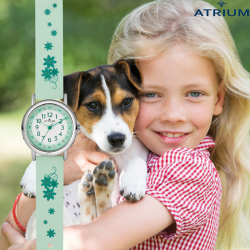 ATRIUM Children's Watch - Girls - Mint Green - Flowers - Analogue - Crystals - 3 Bar - Learning Dial