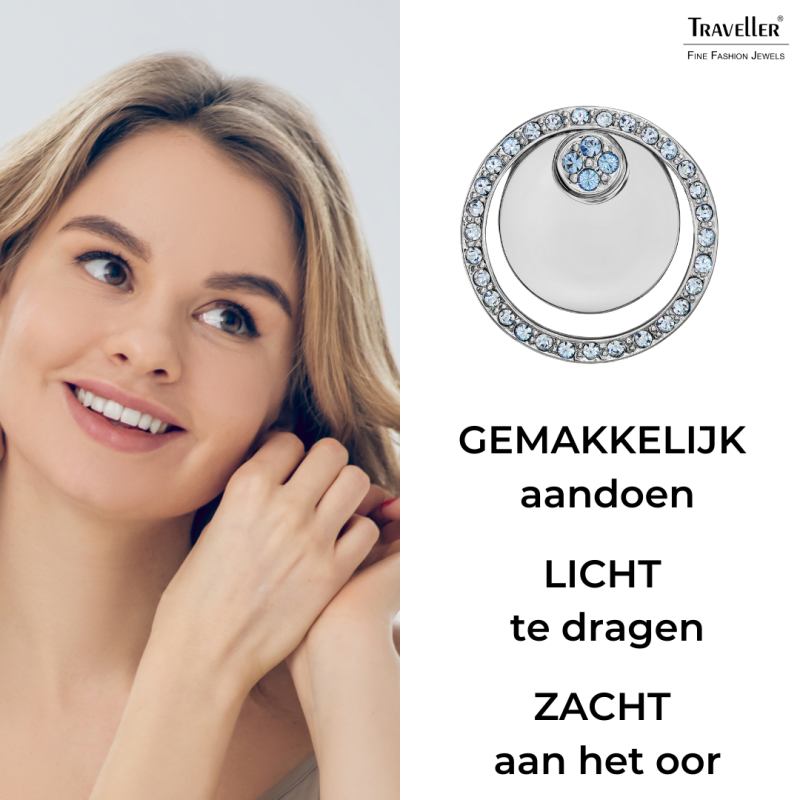 Traveller Clip Oorbellen - Zilverkleurig - Kristallen - Blauw/ Licht Saffier - Geplatineerd - Cirkels - 20 mm - 157679