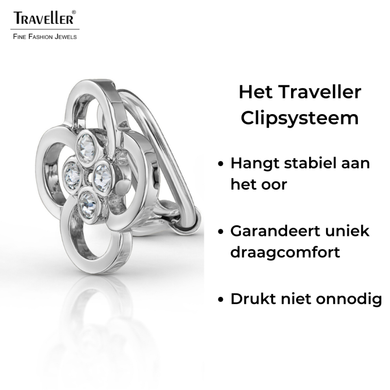 Traveller Clip Oorbellen - Zilverkleurig - Preciosa Kristallen - Geplatineerd - Bloem - 13 mm - 157682