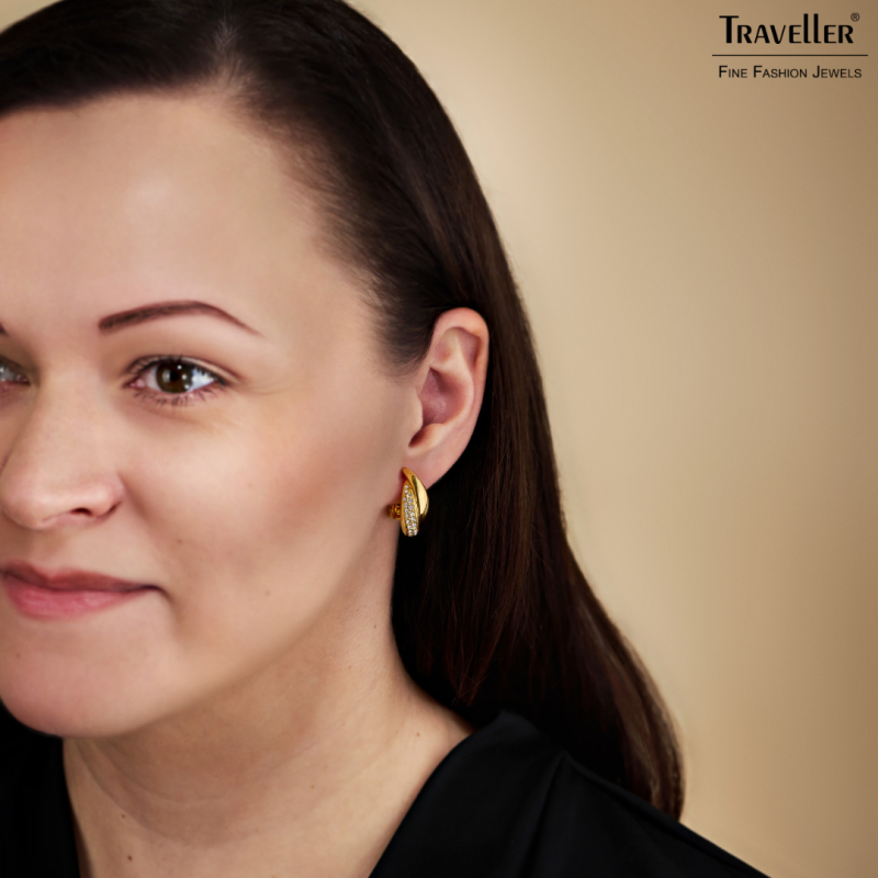 Traveller Clip-on Earrings - Gold coloured - Preciosa Crystals - Gold Plated - 21x9 mm