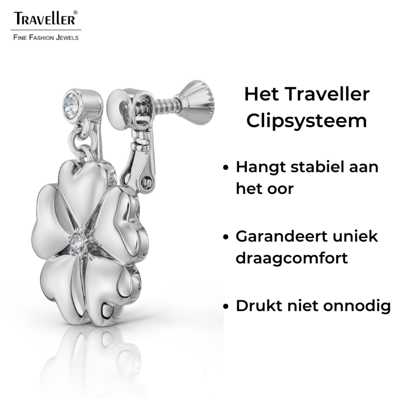 Traveller Clip Oorbellen - Hangers - Zilverkleurig - Kristallen - Geplatineerd - Harten - 25x20 mm - 157693