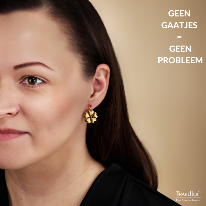 Traveller Clip Oorbellen - Hangers - Goudkleurig - Kristallen - Rood / Siam - Verguld - Harten - 25x20 mm - 157694