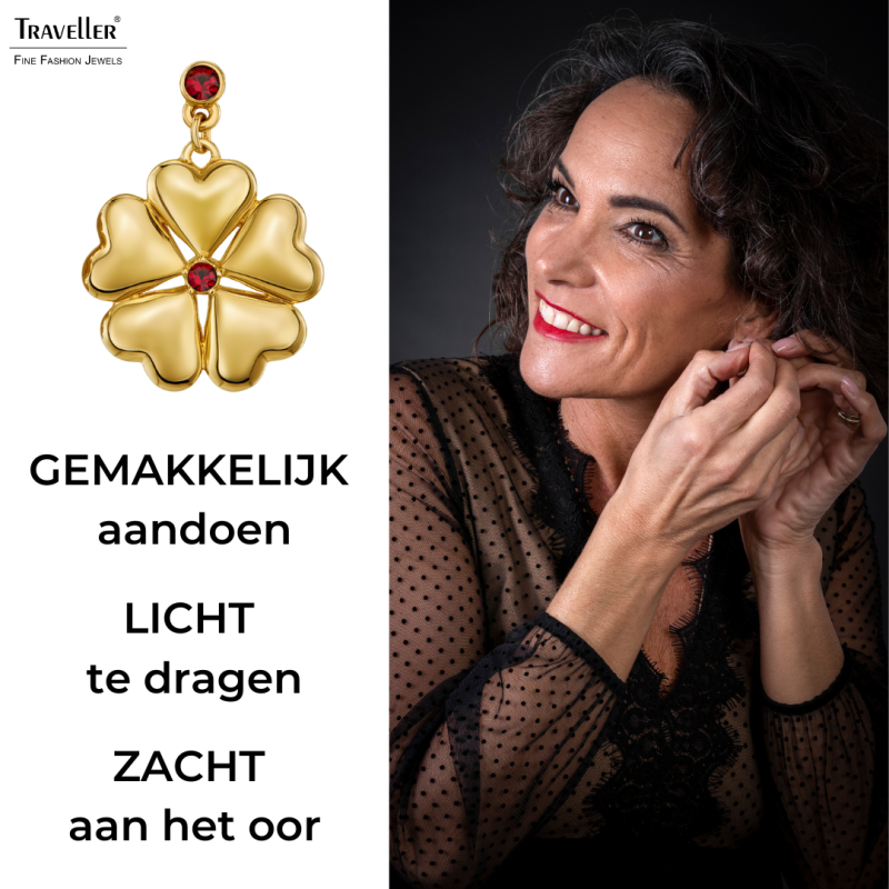 Traveller Clip Oorbellen - Hangers - Goudkleurig - Kristallen - Rood / Siam - Verguld - Harten - 25x20 mm - 157694