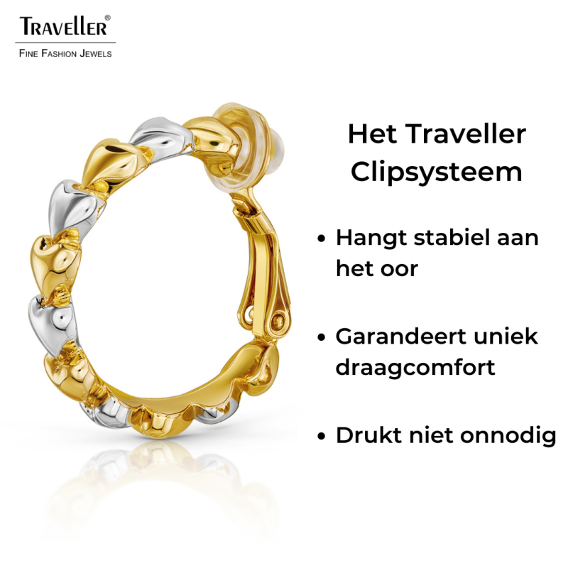 Traveller Clip Oorbellen - Oorringen - Goudkleurig & Zilverkleurig - Bicolor - 24 mm - Hartjes - Verguld&Geplatineerd