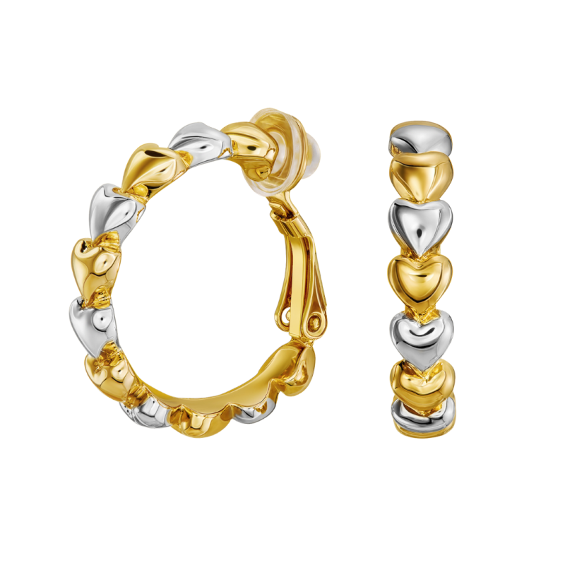 Traveller Clip Oorbellen - Oorringen - Goudkleurig & Zilverkleurig - Bicolor - 24 mm - Hartjes - Verguld&Geplatineerd - 157688