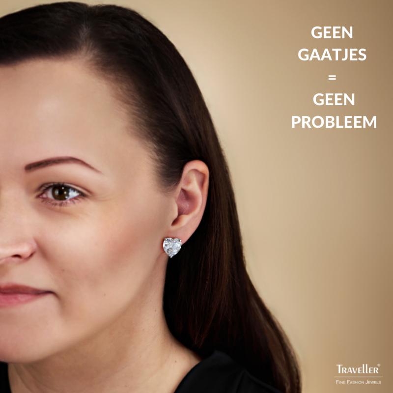 Traveller Clip Oorbellen - Zilverkleurig - Zirkonia - Geplatineerd - Hart - 13x12 mm - 157675