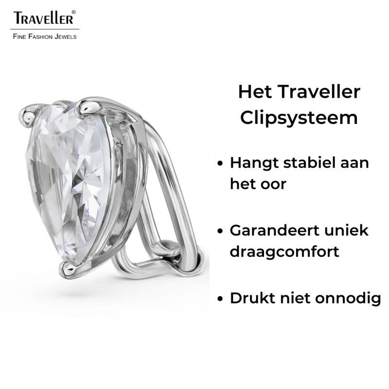 Traveller Clip Oorbellen - Zilverkleurig - Zirkonia - Geplatineerd - Hart - 13x12 mm