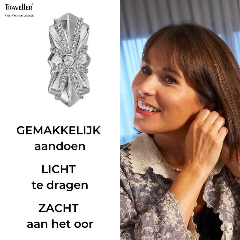 Traveller Clip Oorbellen - Zilverkleurig - Kristallen - Geplatineerd - 20x10 mm - 157703