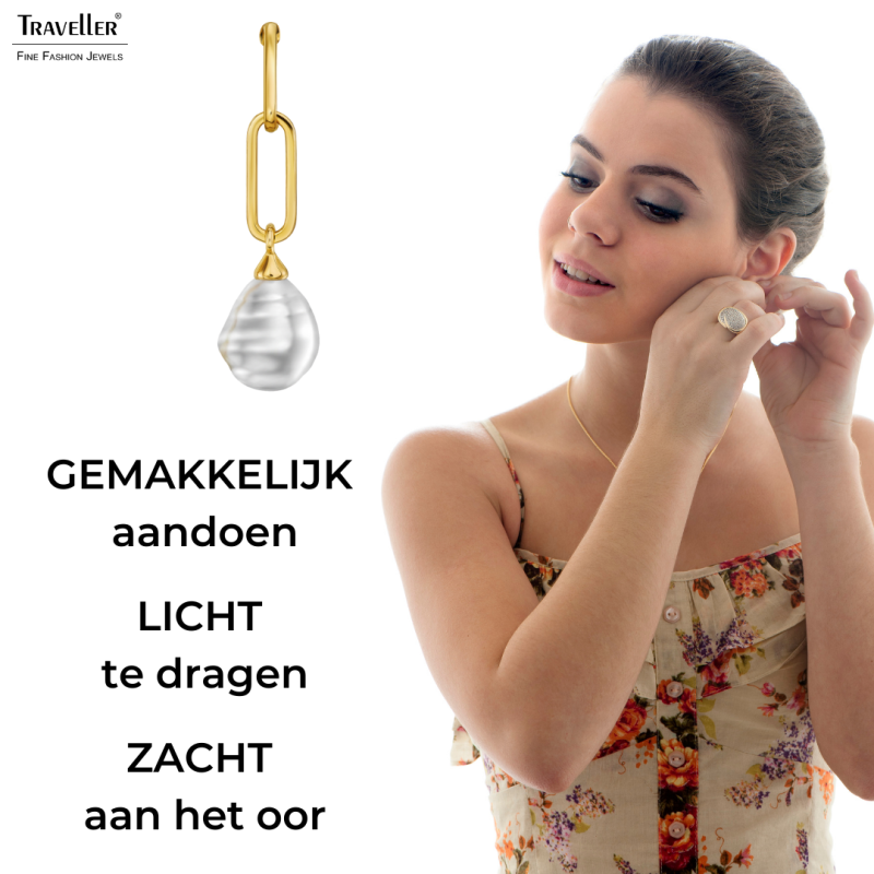 Traveller Clip Oorbellen - Hangers - Goudkleurig- Barok Parels - 14x12 mm - Wit - Verguld - Schakels - 50x12mm