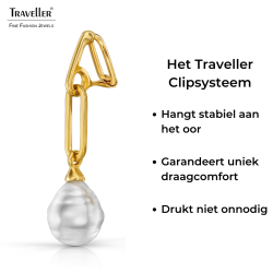 Traveller Clip Oorbellen - Hangers - Goudkleurig- Barok Parels - 14x12 mm - Wit - Verguld - Schakels - 50x12mm - 114278