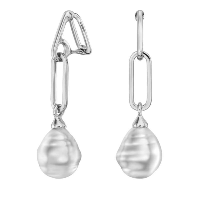 Traveller Clip-on Earrings - Drop Earring - Baroque Pearls - 14x12mm - White - Platinum Plated - Link - 50x12mm - 114279