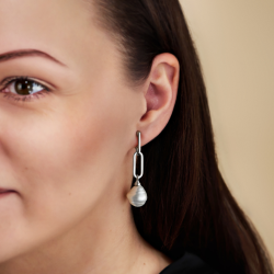 Traveller Clip-on Earrings - Drop Earring - Baroque Pearls - 14x12mm - White - Platinum Plated - Link - 50x12mm