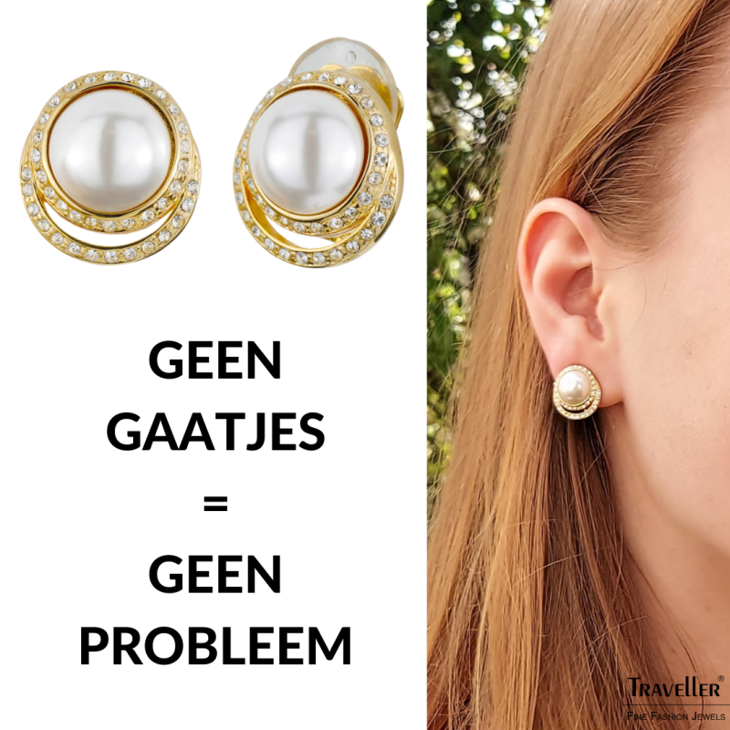 Traveller Clip Oorbellen - Parel - Wit - Kristallen - Goudkleurig
