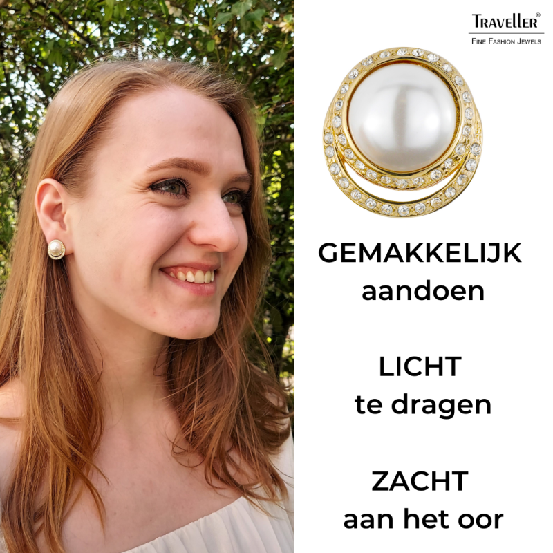 Traveller Clip Oorbellen - Parel - Wit - Kristallen - Goudkleurig