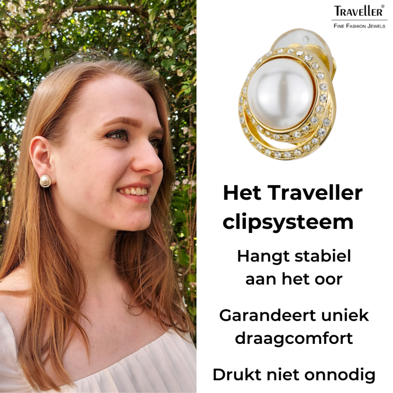 Traveller Clip Oorbellen - Parel - Wit - Kristallen - Goudkleurig - 114239
