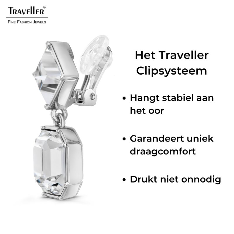 Traveller Clip Oorbellen - Hangers - Zilverkleurig - Kristallen - Geplatineerd - 30x13mm