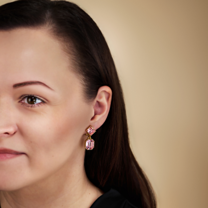 Traveller Clip-on Earrings - Drop Earring - Gold coloured - Crystals - Light Pink - Gold plated - 30x13 mm