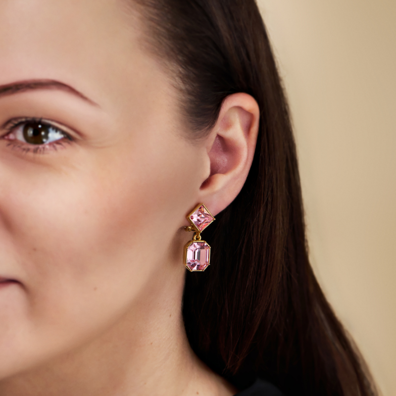 Traveller Clip-on Earrings - Drop Earring - Gold coloured - Crystals - Light Pink - Gold plated - 30x13 mm