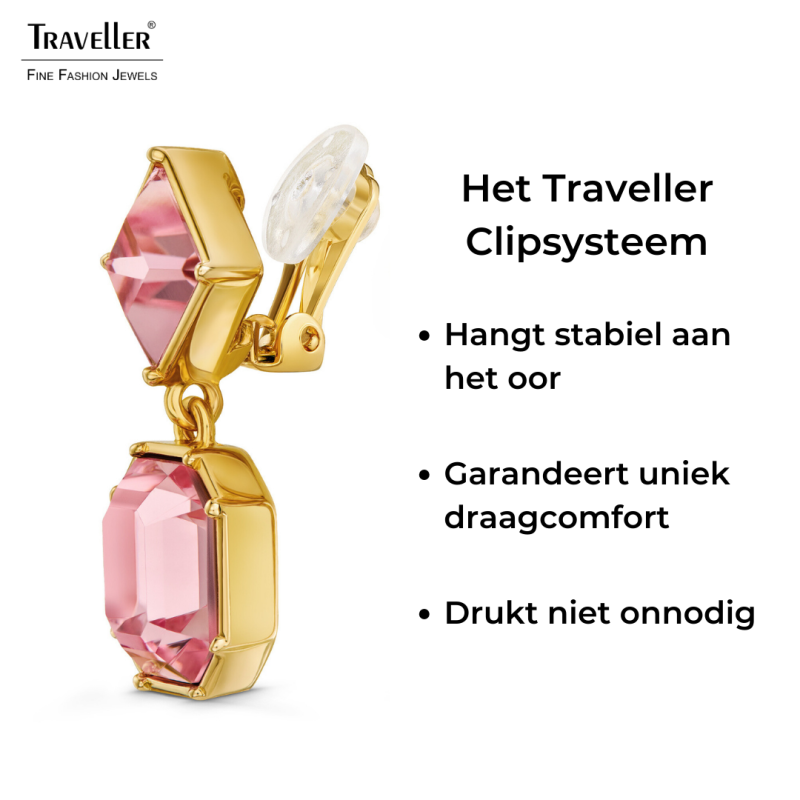 Traveller Clip Oorbellen - Hangers - Goudkleurig - Preciosa Kristallen - Licht roze - Verguld - 30x13 mm