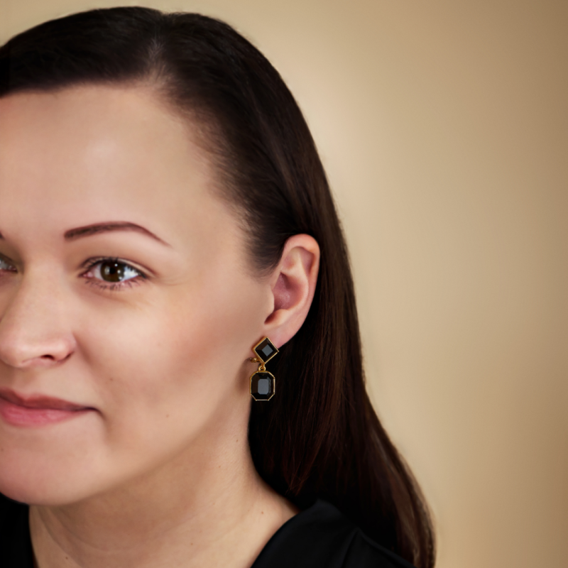 Traveller Clip-on Earrings - Drop Earring - Gold coloured - Crystals - Black - Gold Plated - 30x13 mm - 157699