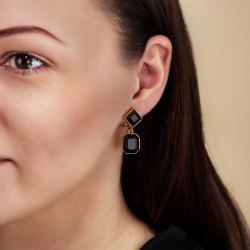 Traveller Clip-on Earrings - Drop Earring - Gold coloured - Crystals - Black - Gold Plated - 30x13 mm - 157699