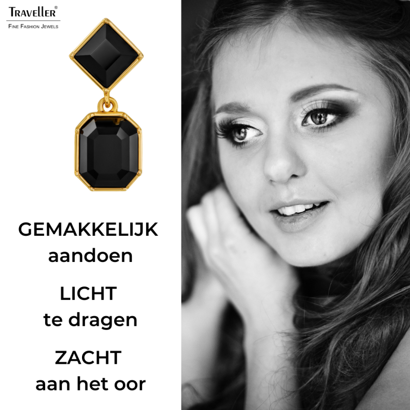 Traveller Clip Oorbellen - Hangers - Goudkleurig - Preciosa Kristallen - Zwart - Verguld - 30x13 mm - 157699