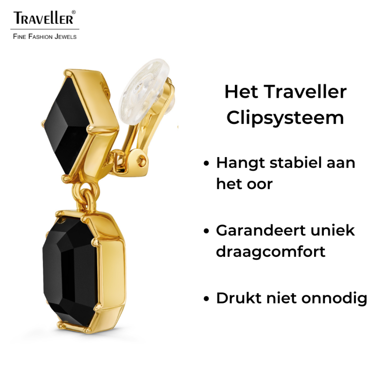 Traveller Clip Oorbellen - Hangers - Goudkleurig - Preciosa Kristallen - Zwart - Verguld - 30x13 mm - 157699