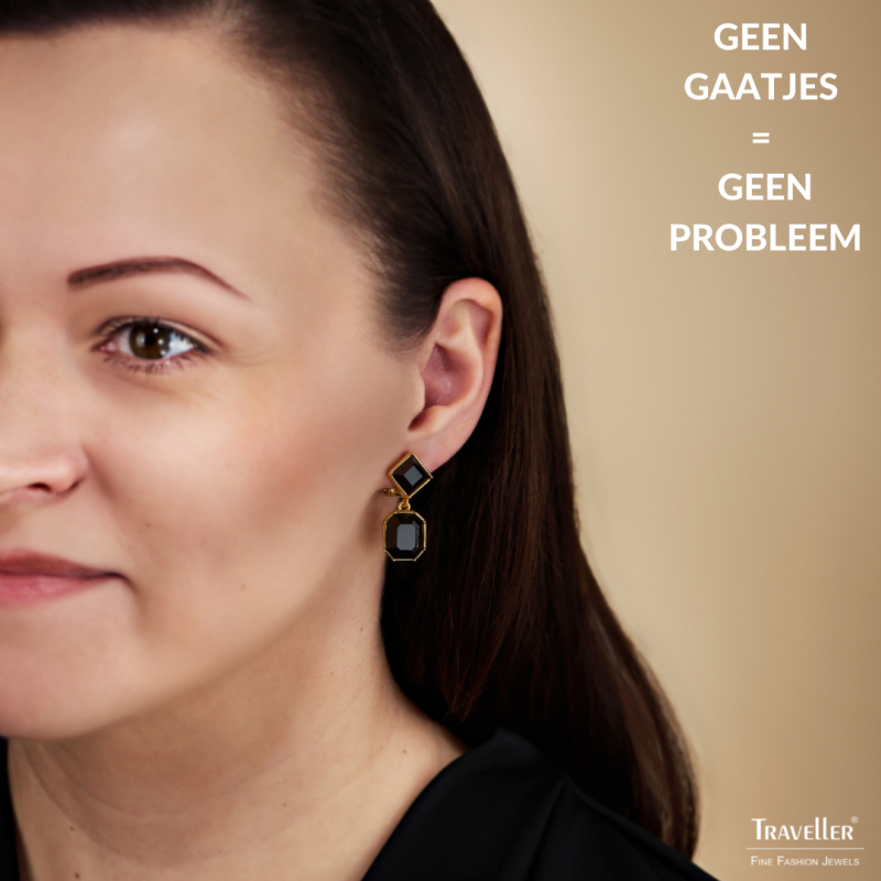 Traveller Clip Oorbellen - Hangers - Goudkleurig - Preciosa Kristallen - Zwart - Verguld - 30x13 mm - 157699