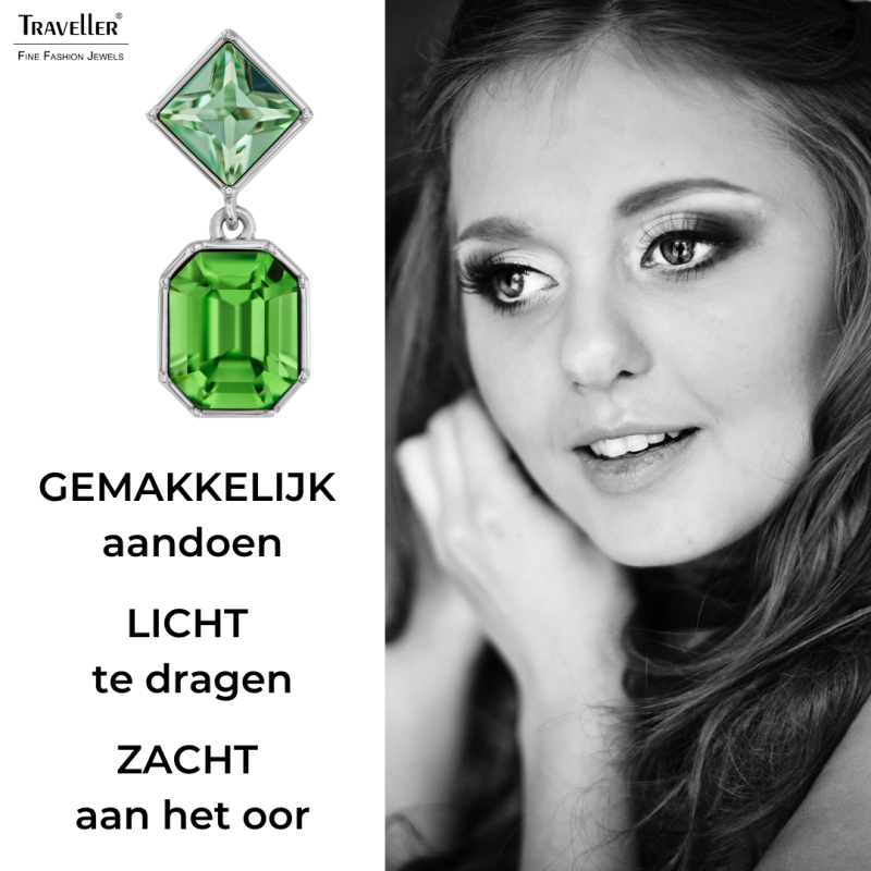 Traveller Clip Oorbellen - Hangers - Zilverkleurig - Kristallen - Groen - Crysolite&Peridot - Geplatineerd - 30x13 mm - 157700