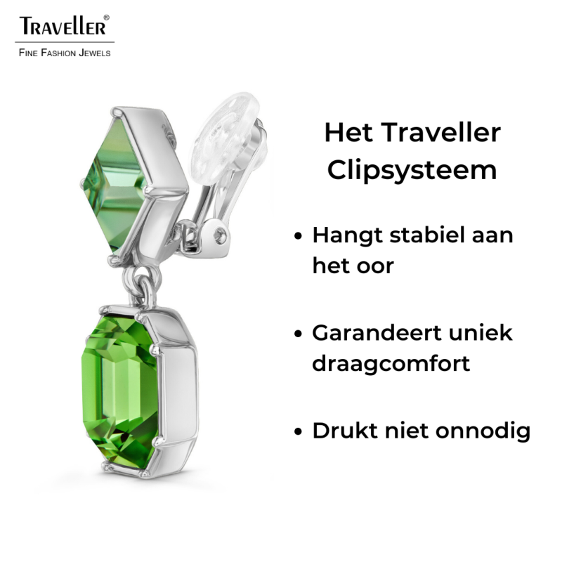 Traveller Clip Oorbellen - Hangers - Zilverkleurig - Kristallen - Groen - Crysolite&Peridot - Geplatineerd - 30x13 mm