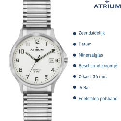 ATRIUM Horloge - Heren - Edelstaal - Flexiblele Rekband (21cm) - 5 Bar - Datum - Quarts