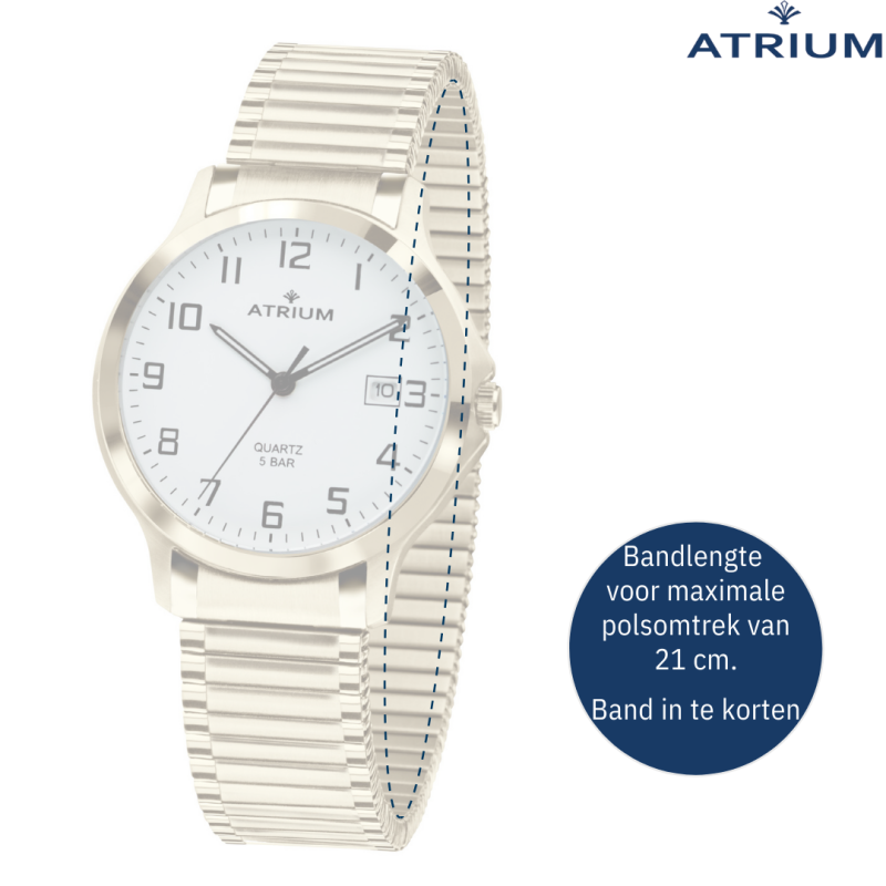 ATRIUM Watch - Men - Stainless Steel - Gold Coloured -  Flexible Stretch Strap (21cm) - 5 Bar - Date - Quartz - A12-60