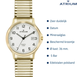 ATRIUM Watch - Men - Stainless Steel - Gold Coloured -  Flexible Stretch Strap (21cm) - 5 Bar - Date - Quartz - A12-60
