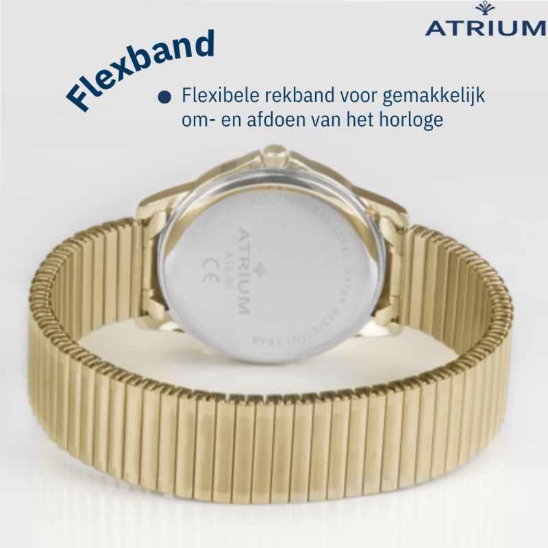 ATRIUM Horloge - Heren - Edelstaal - Goudkleurig - Flexibele Rekband (21cm) - 5 Bar - Datum - Quartz