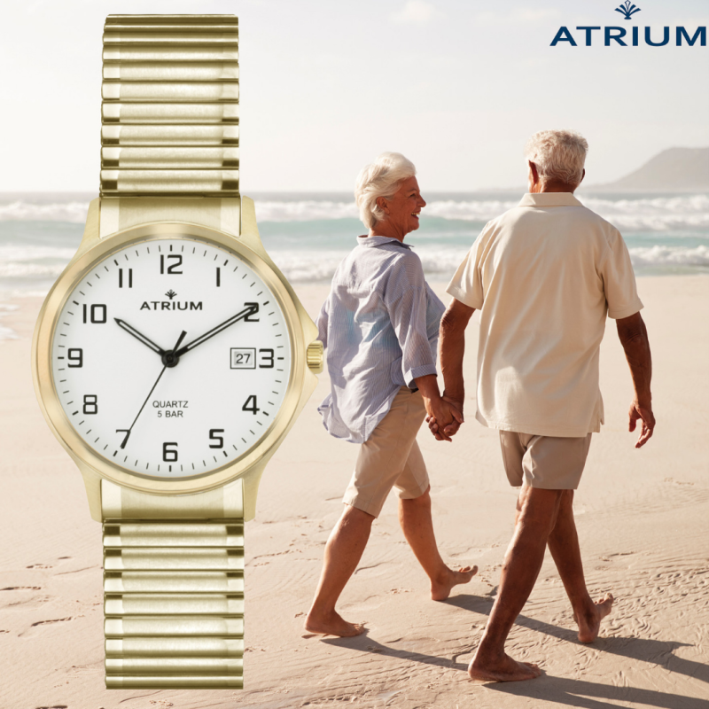 ATRIUM Watch - Men - Stainless Steel - Gold Coloured -  Flexible Stretch Strap (21cm) - 5 Bar - Date - Quartz - A12-60