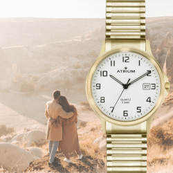 ATRIUM Watch - Men - Stainless Steel - Gold Coloured -  Flexible Stretch Strap (21cm) - 5 Bar - Date - Quartz - A12-60