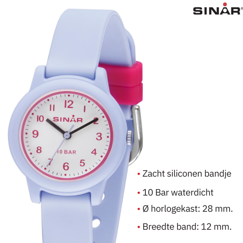 Sinar Horloge- Meisjes - Lila - Analoog - 10 Bar - 28 mm - Zacht Verstelbaar Bandje (12-17,5 cm)