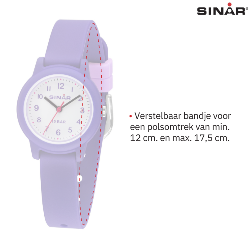 Sinar Horloge- Meisjes - Paars - Analoog - 10 Bar - 28 mm - Zacht Verstelbaar Bandje (12-17,5 cm)