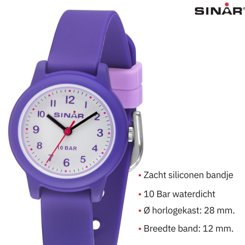 Sinar Horloge- Meisjes - Paars - Analoog - 10 Bar - 28 mm - Zacht Verstelbaar Bandje (12-17,5 cm) - XB-24-7