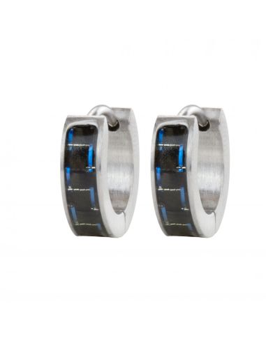Traveller Earrings - Hoops - Men - Silver Coloured - Stainless Steel - Black Carbon - Blue - Ø 14 mm - 14x4 mm - 180954
