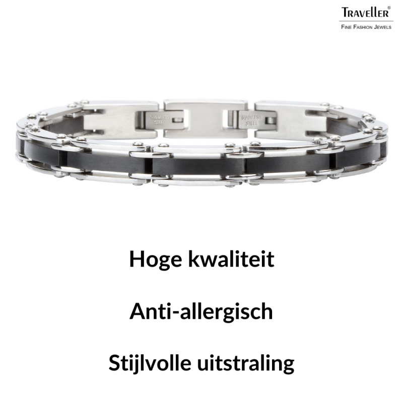 Traveller Armband Heren - Zilverkleurig - Edelstaal - Zwart PVD - 21 x 0,8 cm