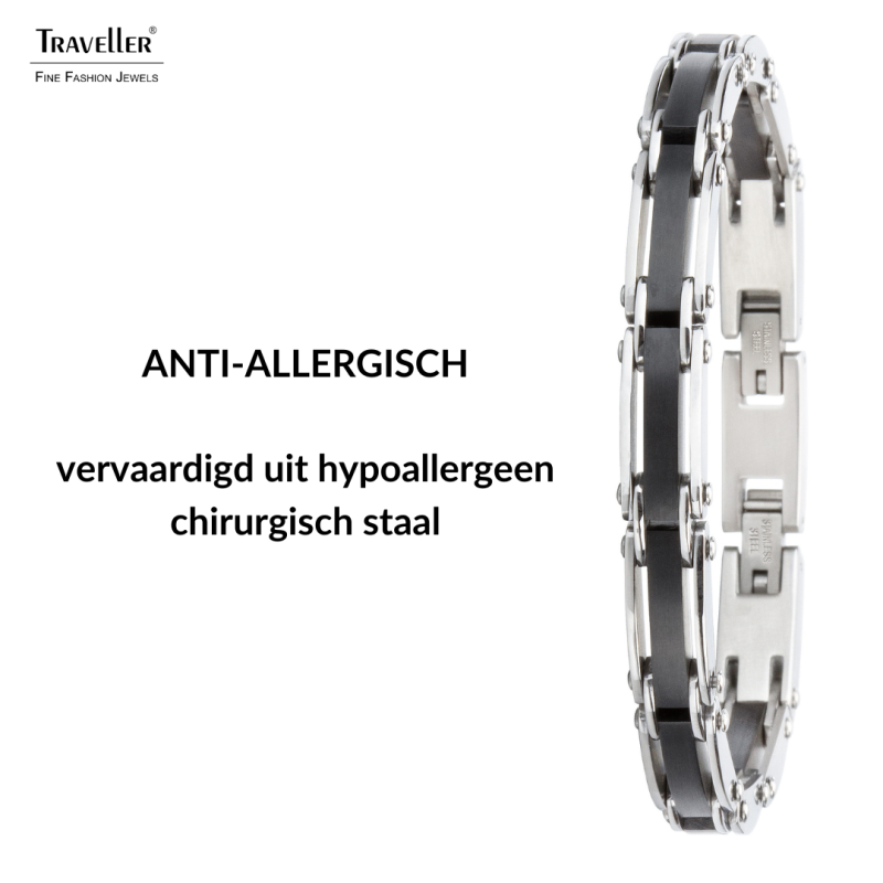 Traveller Armband - Heren - Zilverkleurig - Edelstaal - Zwart PVD - 21 x 0,8 cm - 181059